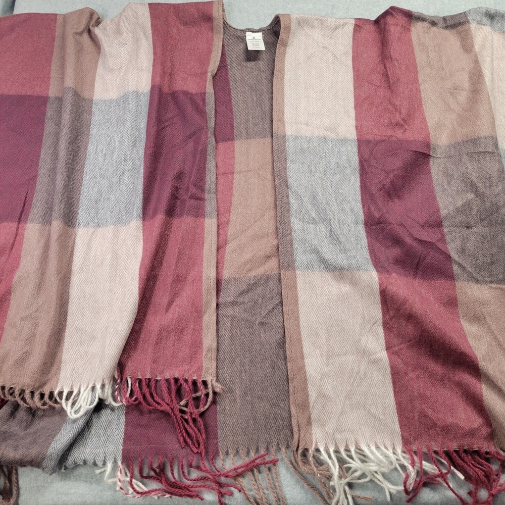 Woolrich‎ Womens Plaid Poncho Wrap Burgundy Grey Herringbone Fringed HLM0183S OS